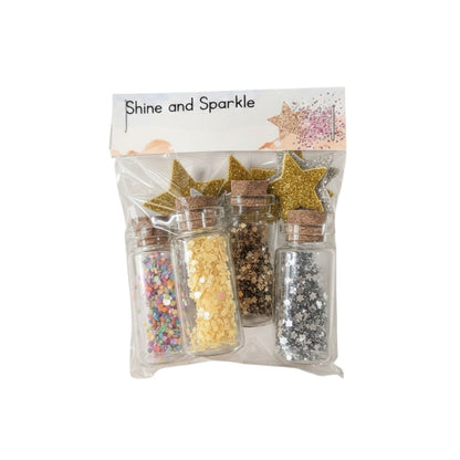 Sereen Ghanem Art Creations Shine & Sparkle Sea Edition glitter and sticker set with 4 glass jars of glitter and star stickers.
